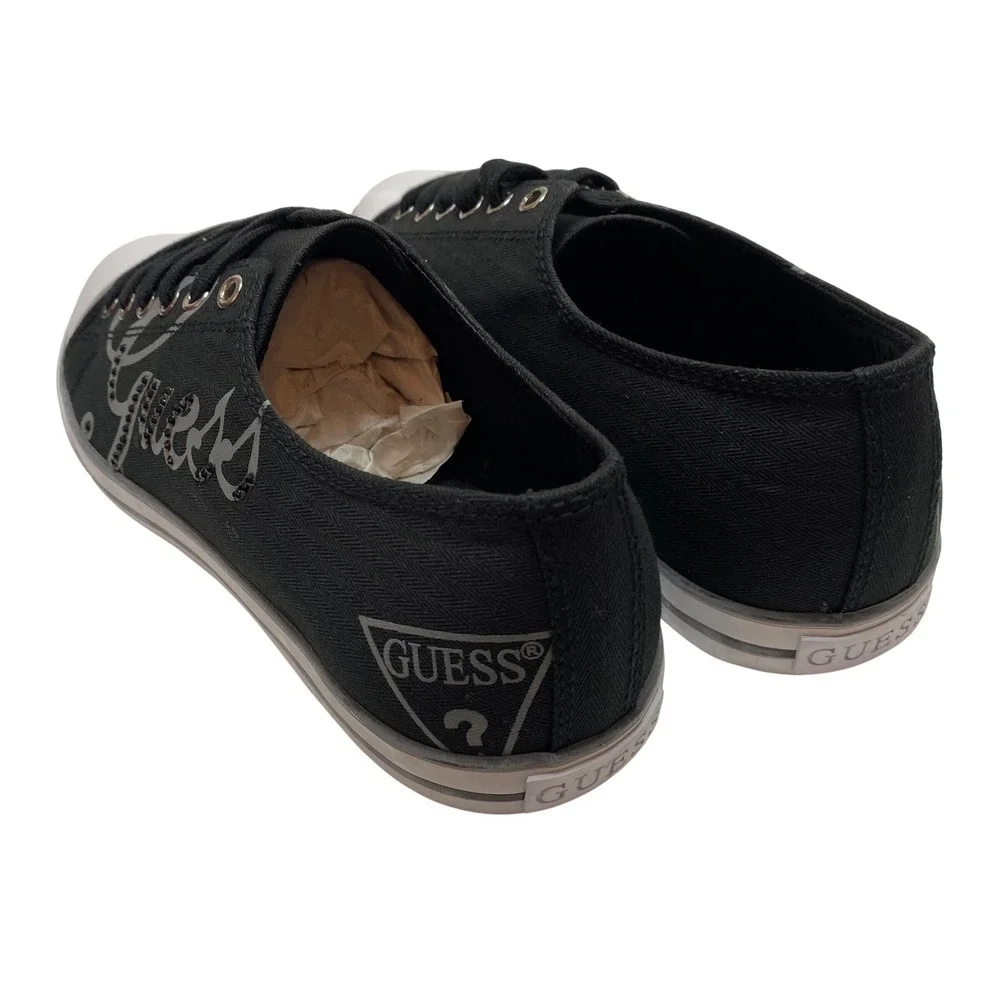 Guess Womens Black Canvas Rhinestone Logo Low Top Sneakers White Toe Cap 10 NIB‎